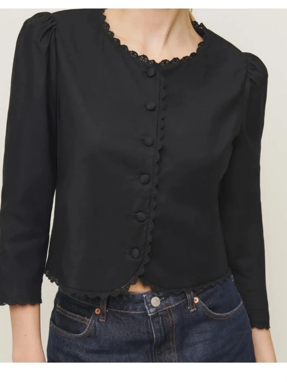 Reformation Black Lace-Trim Button Front Blouse
